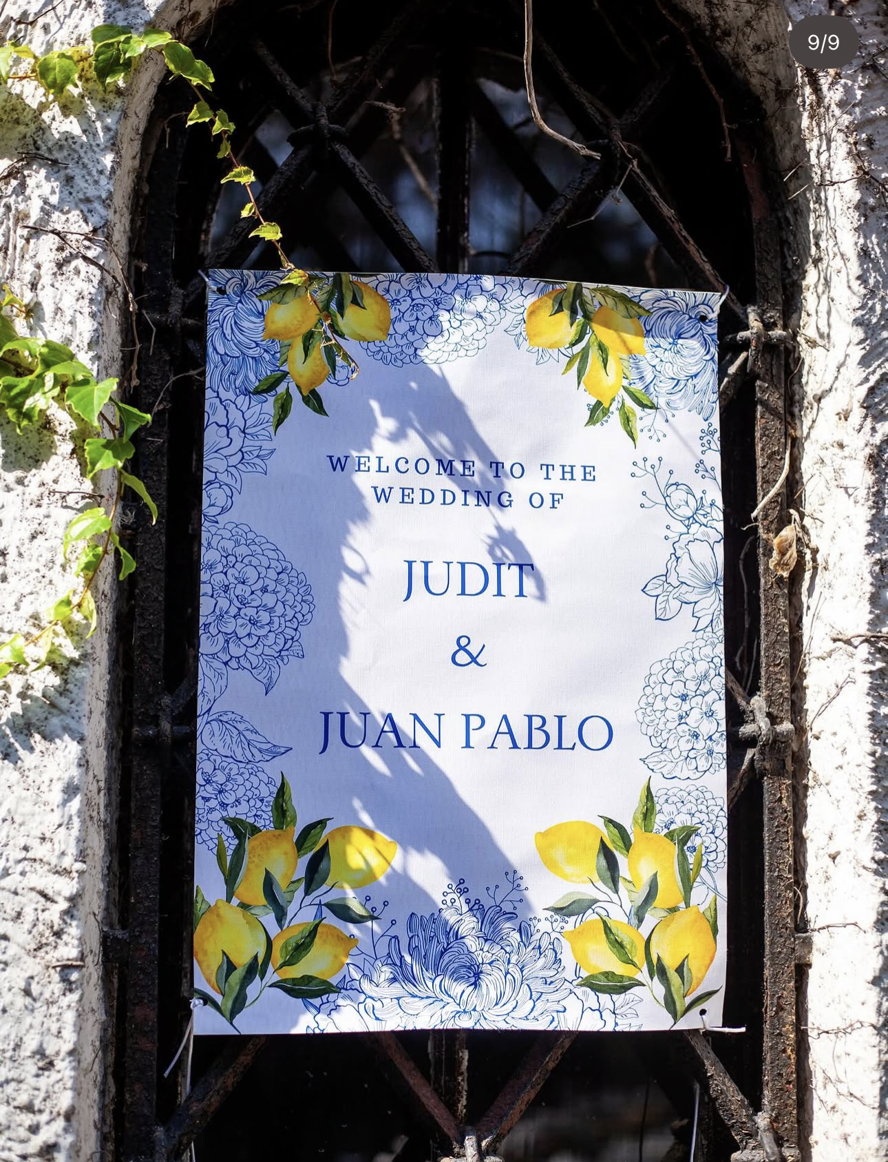 Hand-illustrated wedding welcome sign with lemons and blue florals hanging on a wrought-iron window