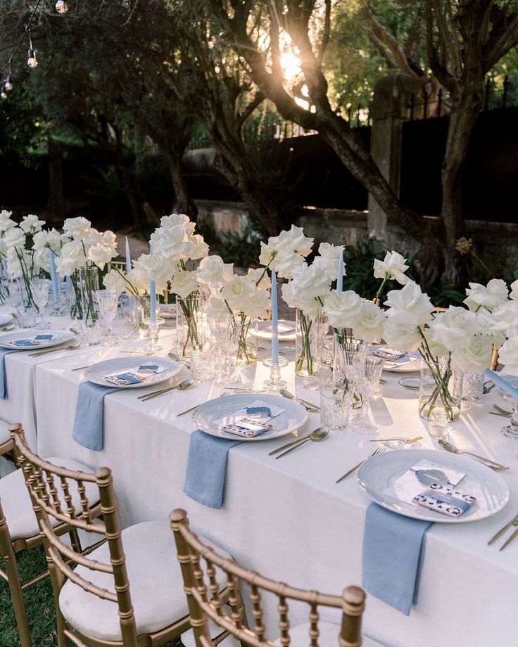 Long outdoor dinner table set with white roses, pale blue candles and linen napkins beneath old trees at golden hour